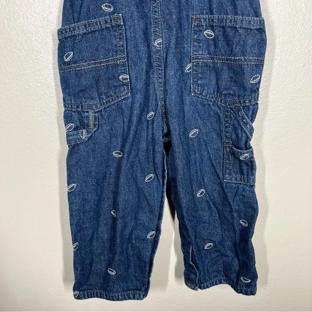 OshKosh B’gosh Toddler Football Embroidered Denim Overalls Size 24M Cotton